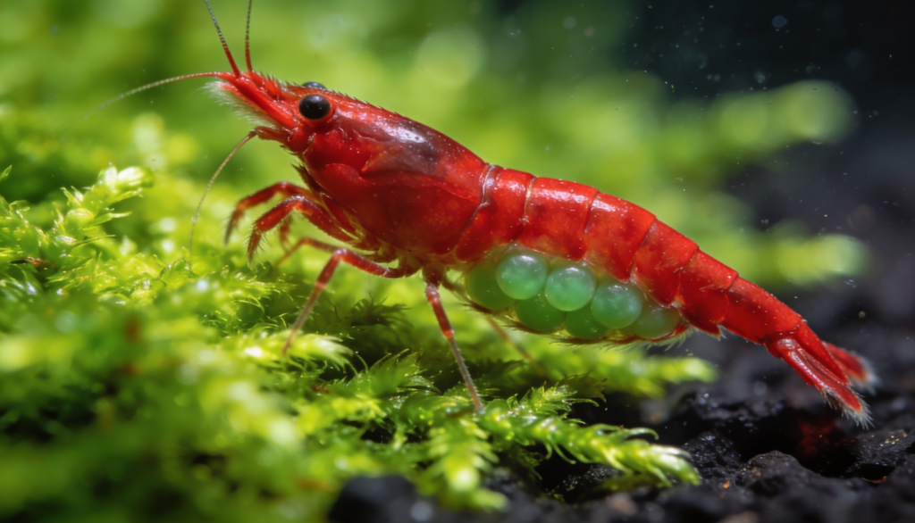 fêmea de camarão neocaridina com ovos em aquário plantado