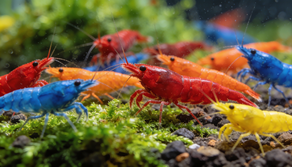 variedades de camarão neocaridina coloridos em aquário de água doce