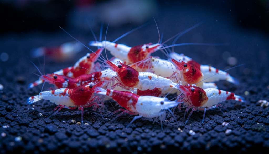 Crystal Red Shrimp grade SSS com corpo predominantemente branco e faixas vermelhas finas, sobre substrato escuro em aquário nano plantado
