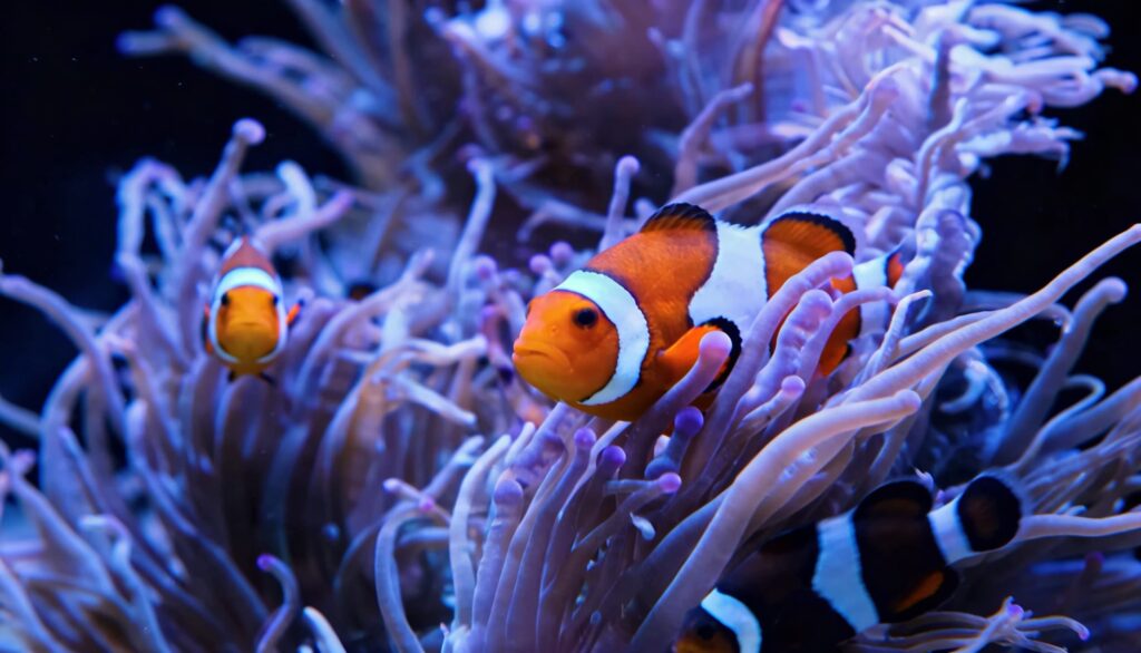peixe palhaco no aquario marinho com anemona