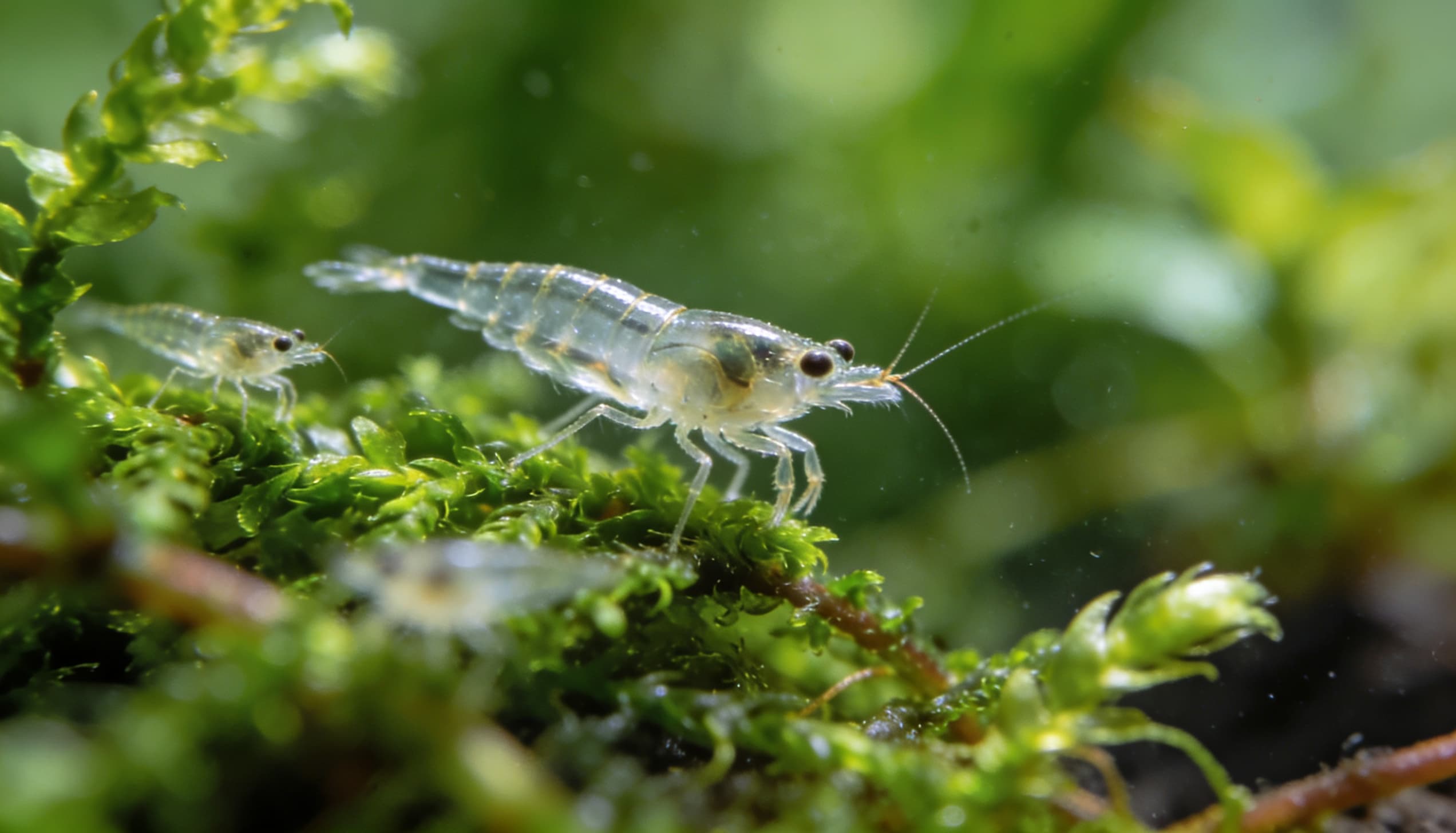 filhotes de camarão neocaridina em aquário plantado
