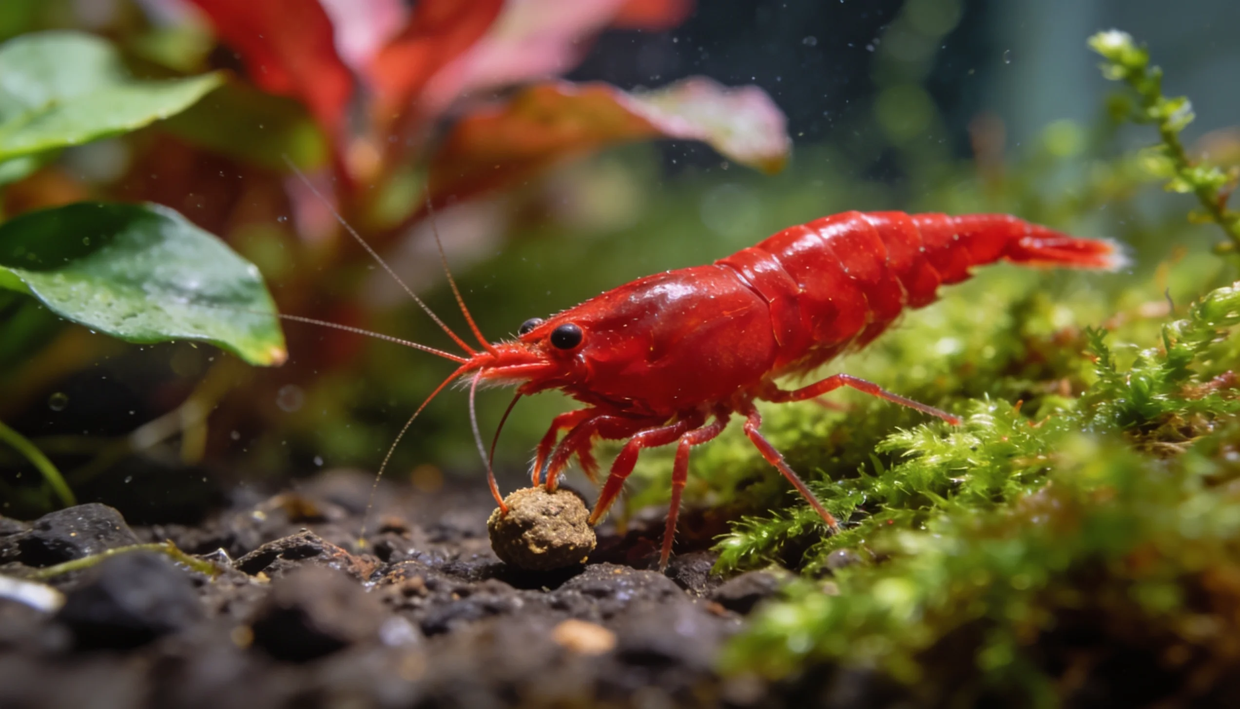 camarão neocaridina vermelho se alimentando no aquário plantado