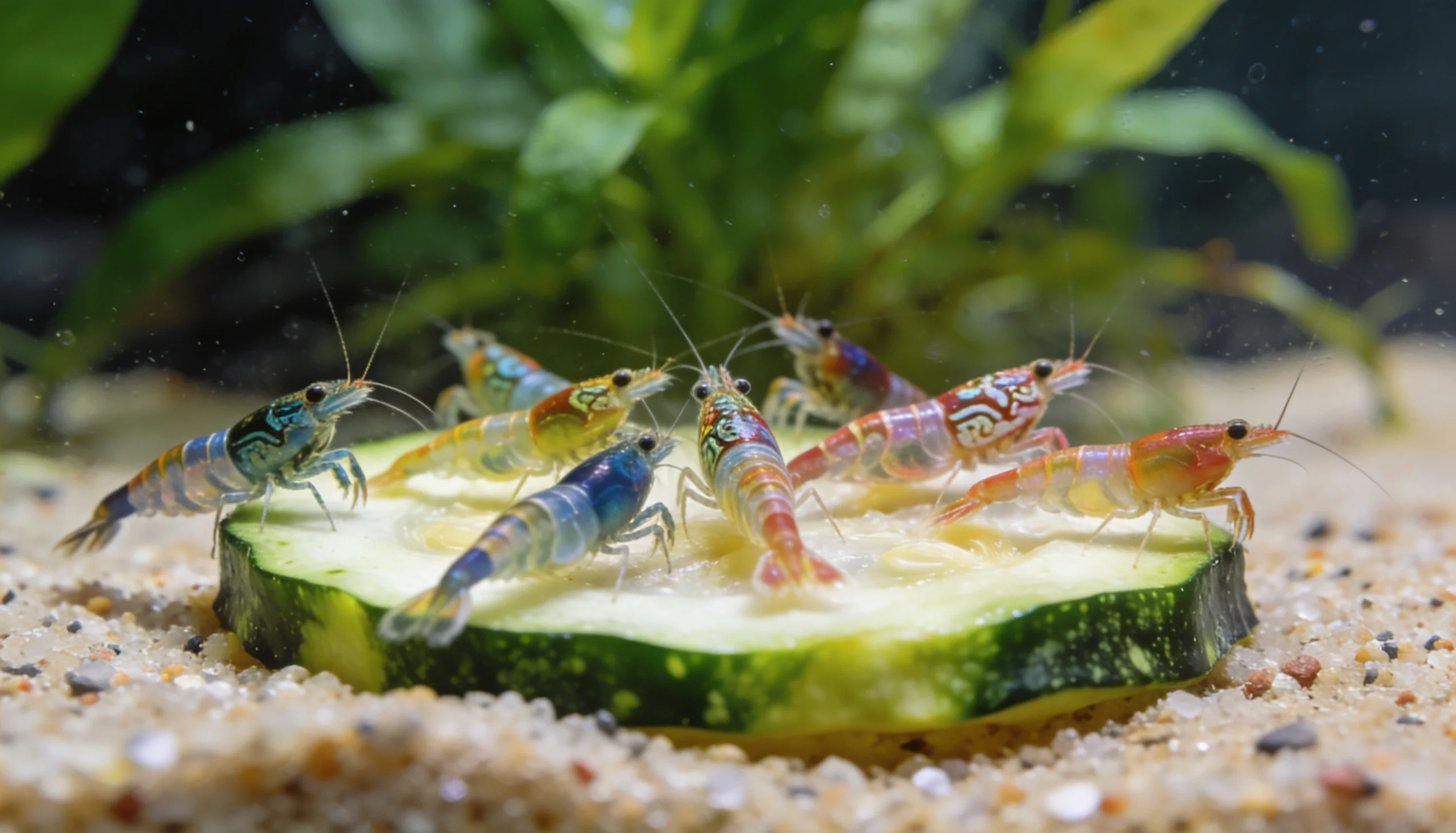 filhotes de camarão no musgo de java se alimentando de biofilme