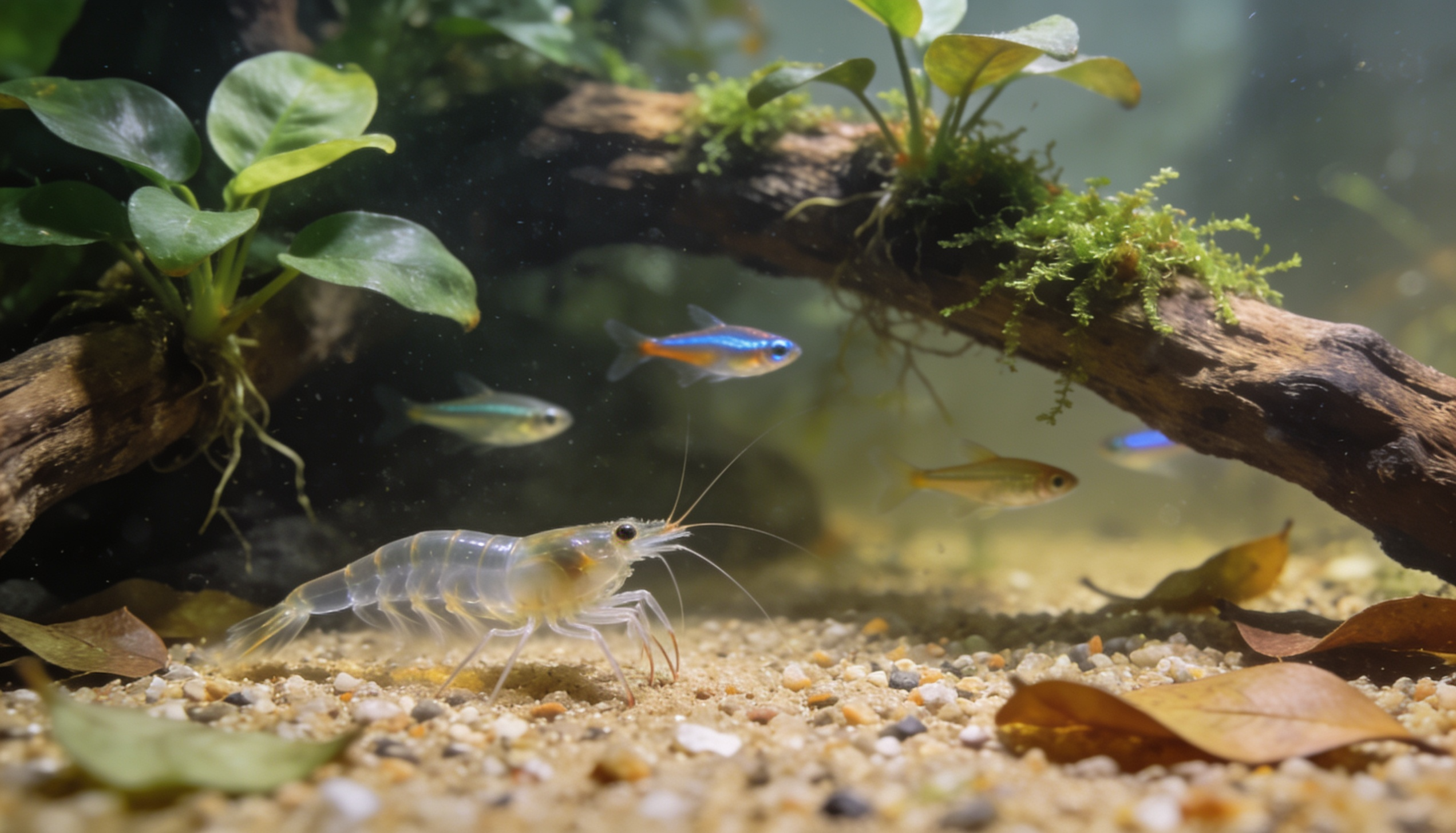 camarão fantasma convivendo com peixes comunitários