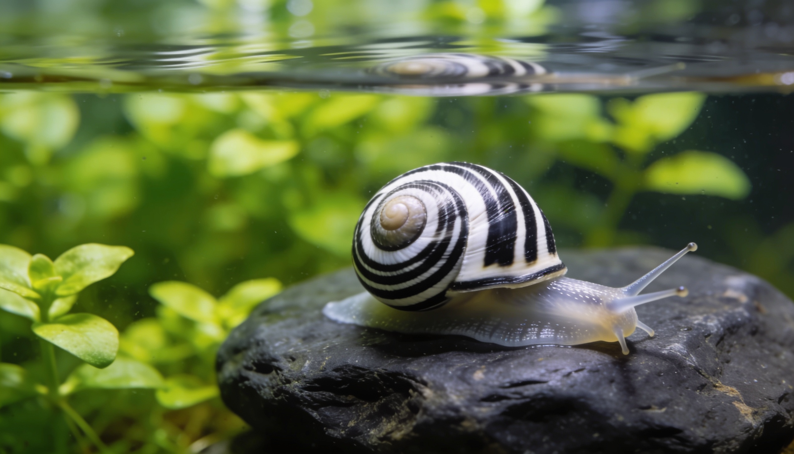 caramujo neritina zebra limpando alga em uma rocha