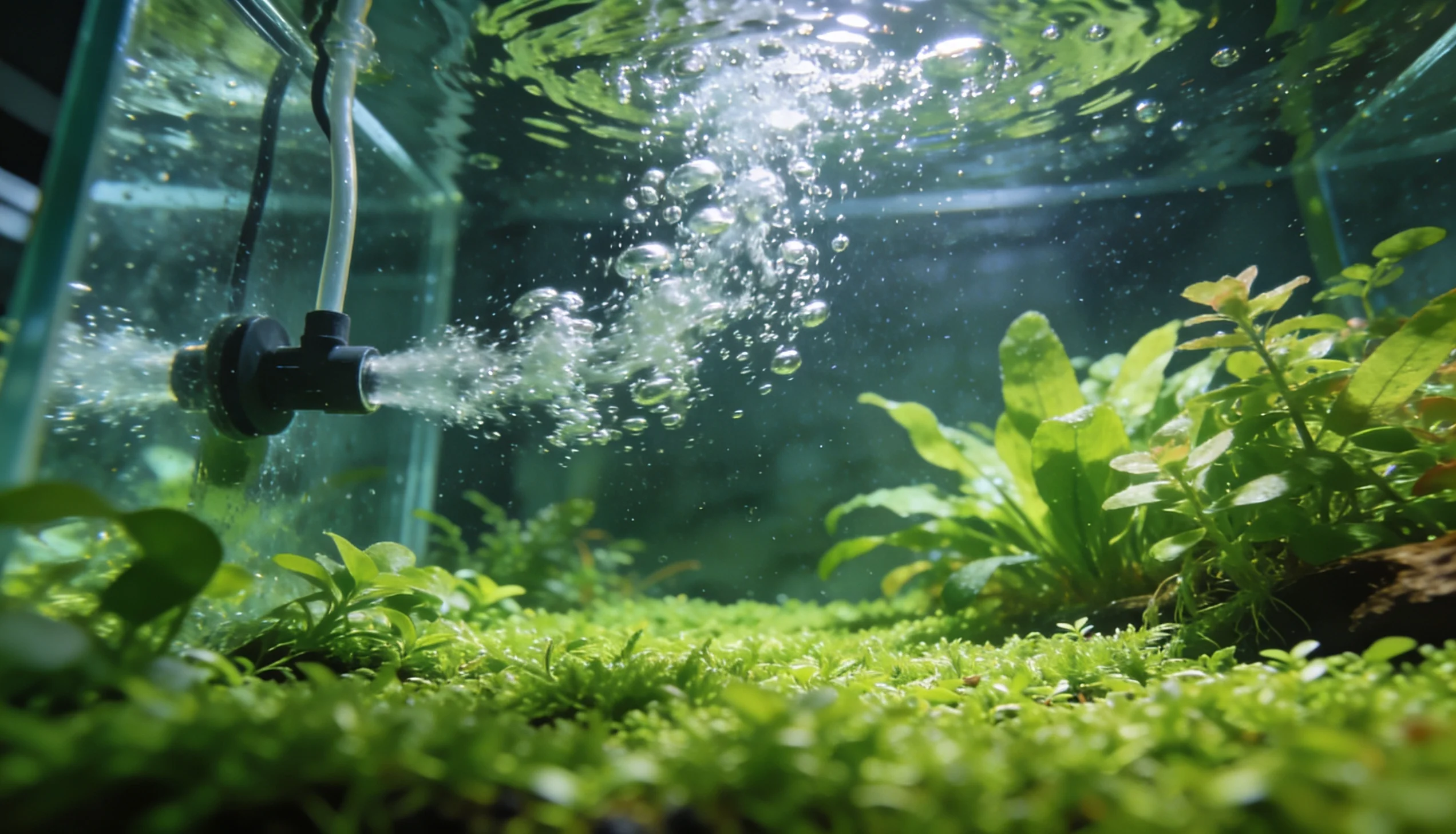 aquário plantado com carpete de monte carlo e CO2