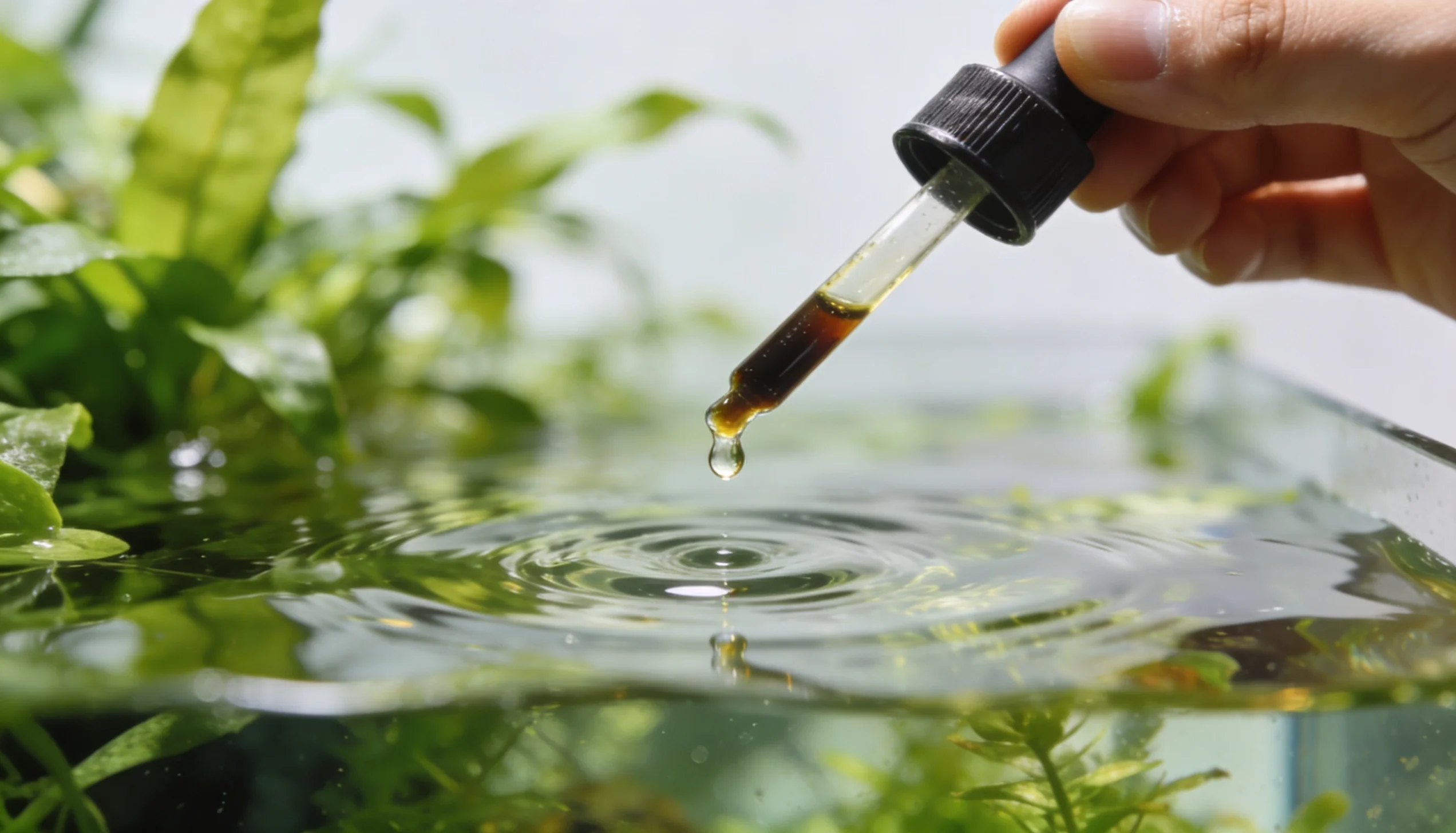 fertilizante líquido sendo adicionado a aquário plantado
