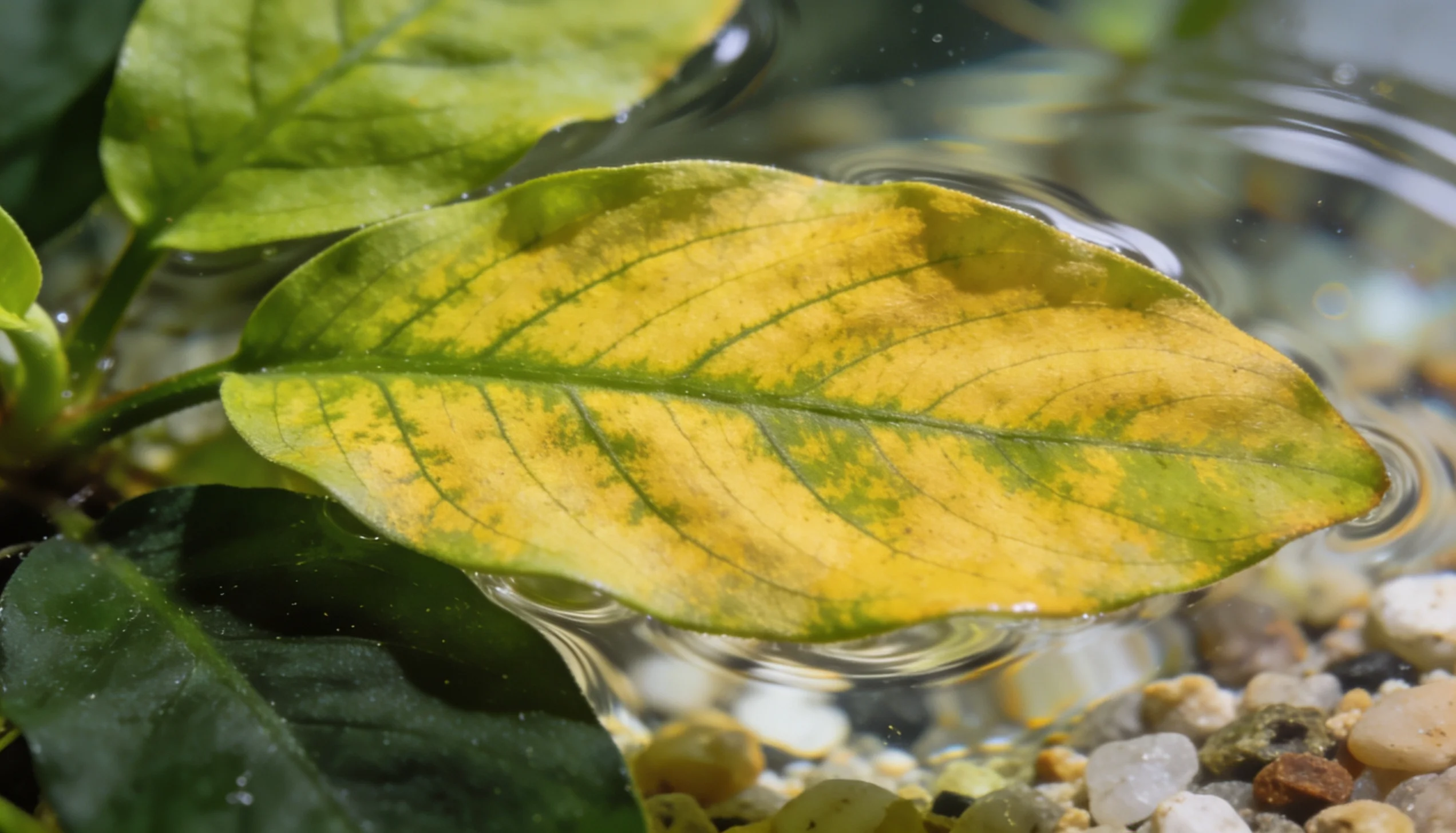 folhas de plantas aquáticas com deficiência de ferro