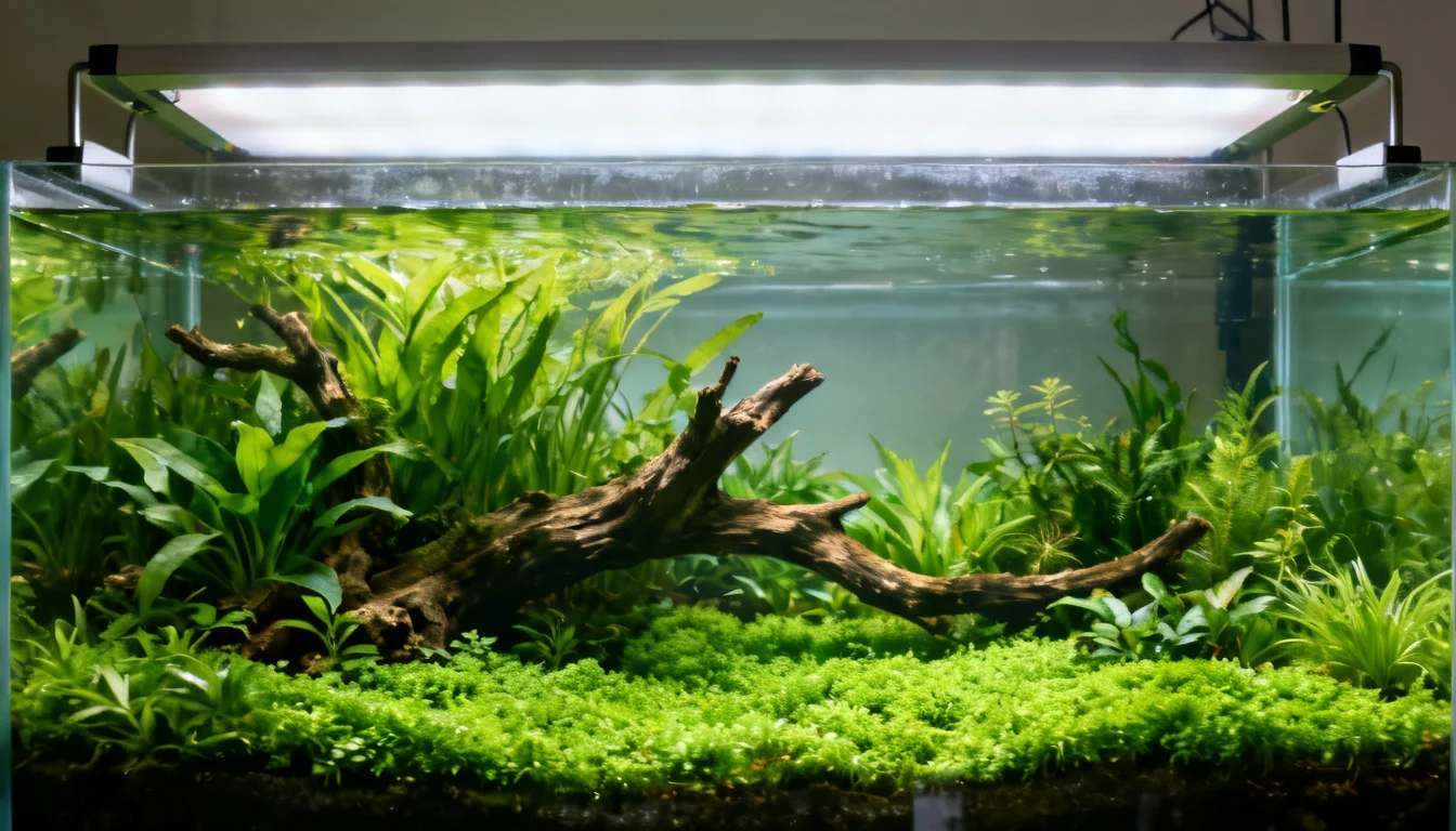 luminária LED sobre aquário plantado exuberante