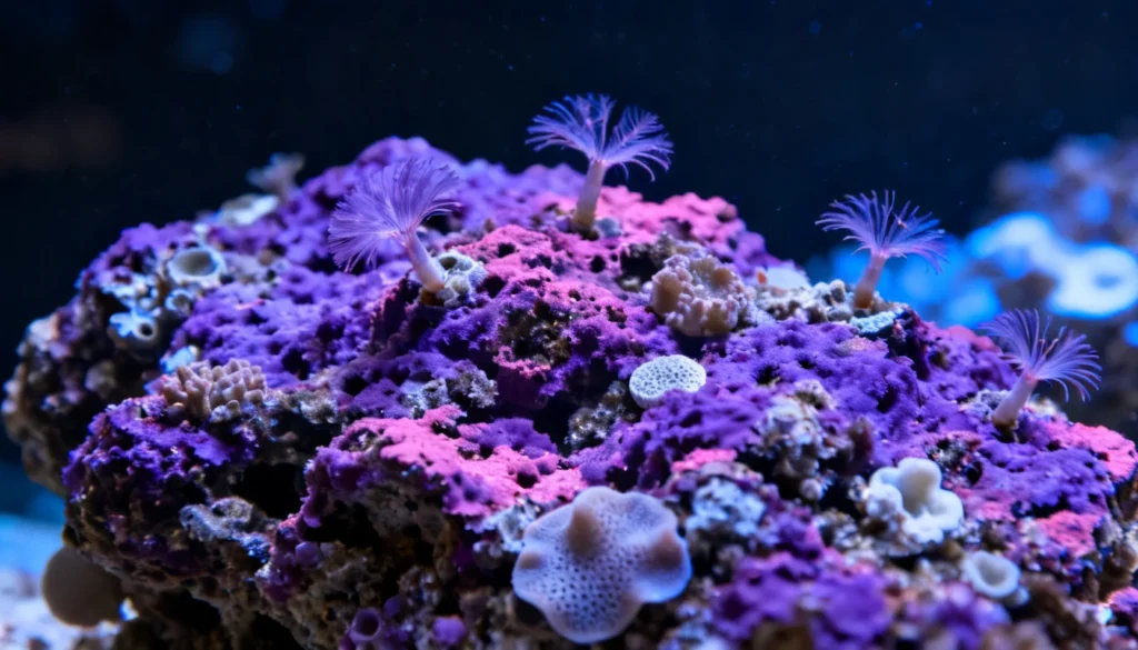 live rock com algas coralinas coloridas em aquário marinho