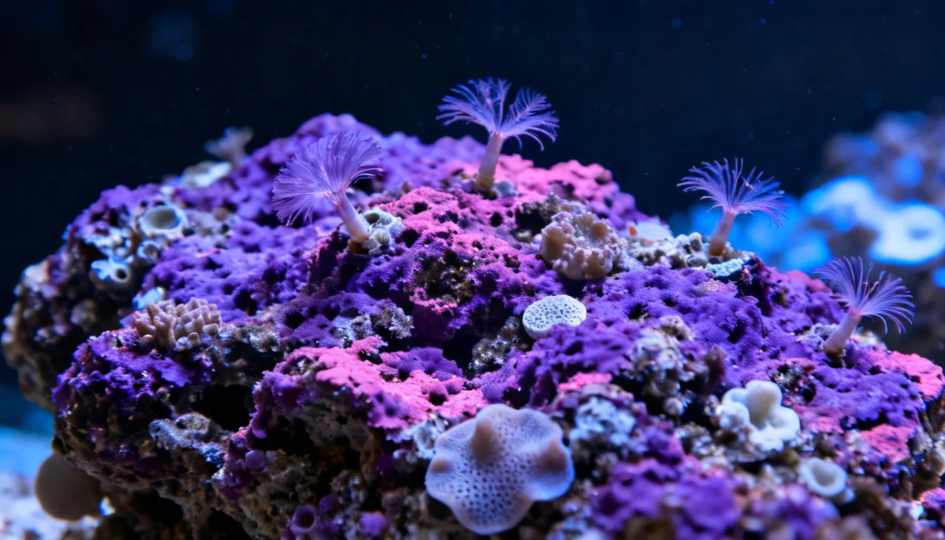 live rock com algas coralinas coloridas em aquário marinho