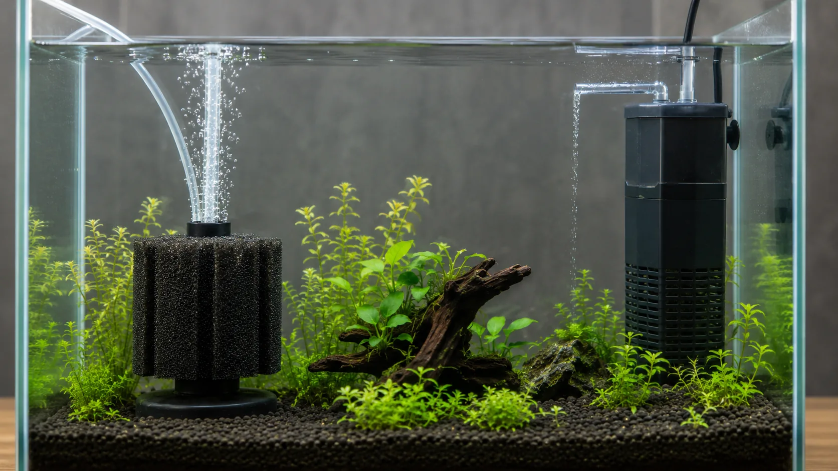 comparacao de filtro de esponja e filtro interno em aquario