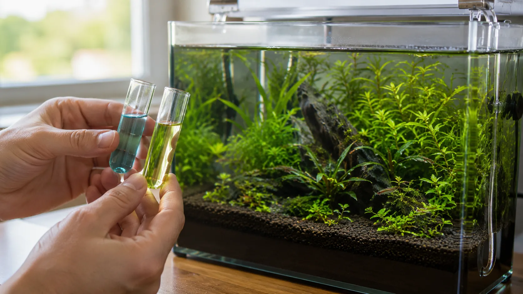 teste de parametros da agua do aquario em frascos