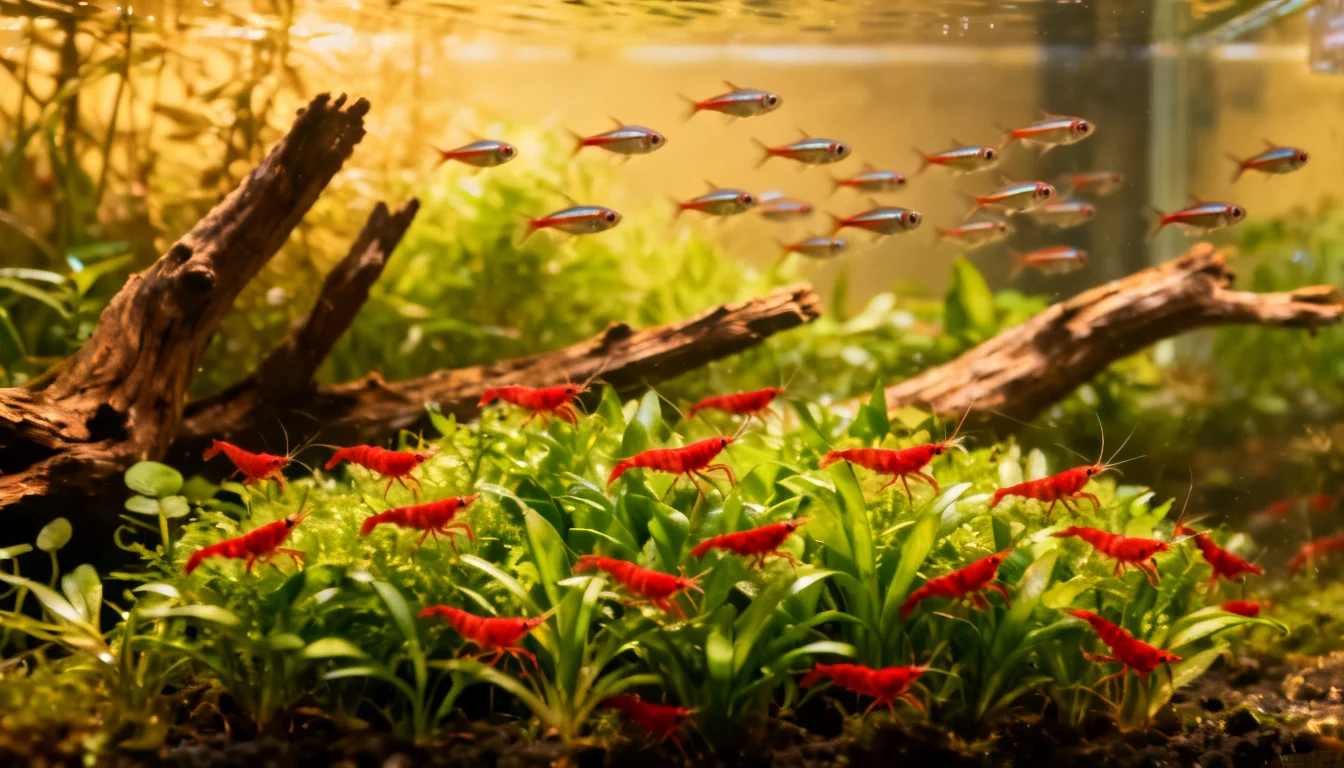 aquário comunitário com camarão neocaridina e pequenos peixes