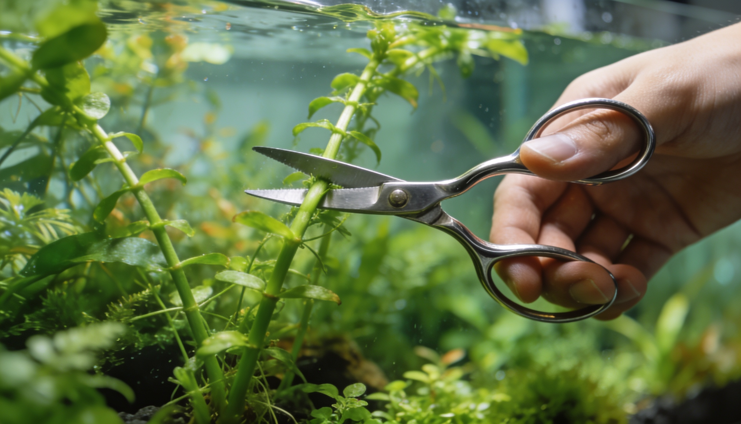 poda de plantas em aquário plantado com tesoura