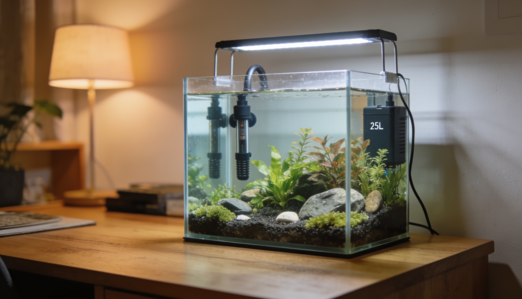 aquário nano montado sobre um móvel em casa