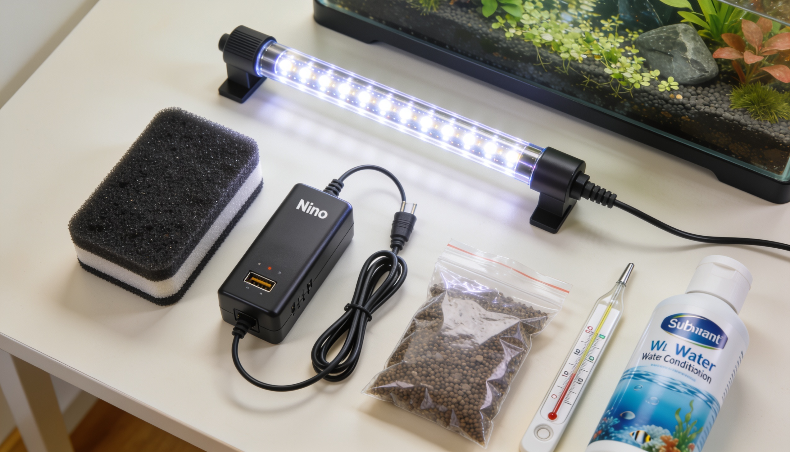 equipamentos de aquário nano organizados sobre a mesa