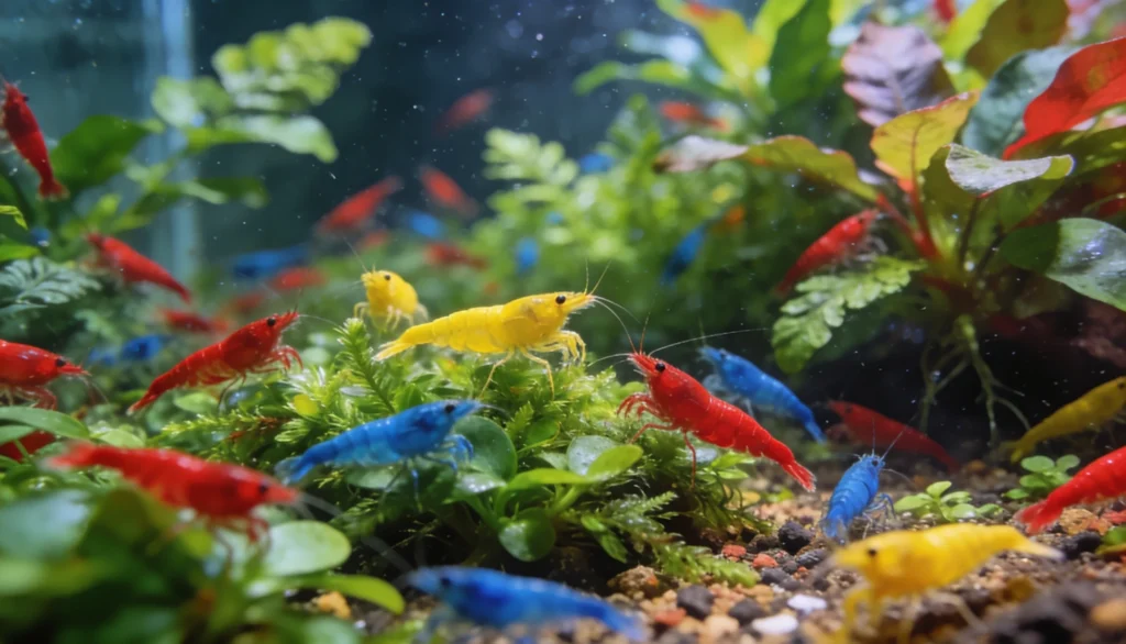colônia densa de camarões neocaridina em aquário nano