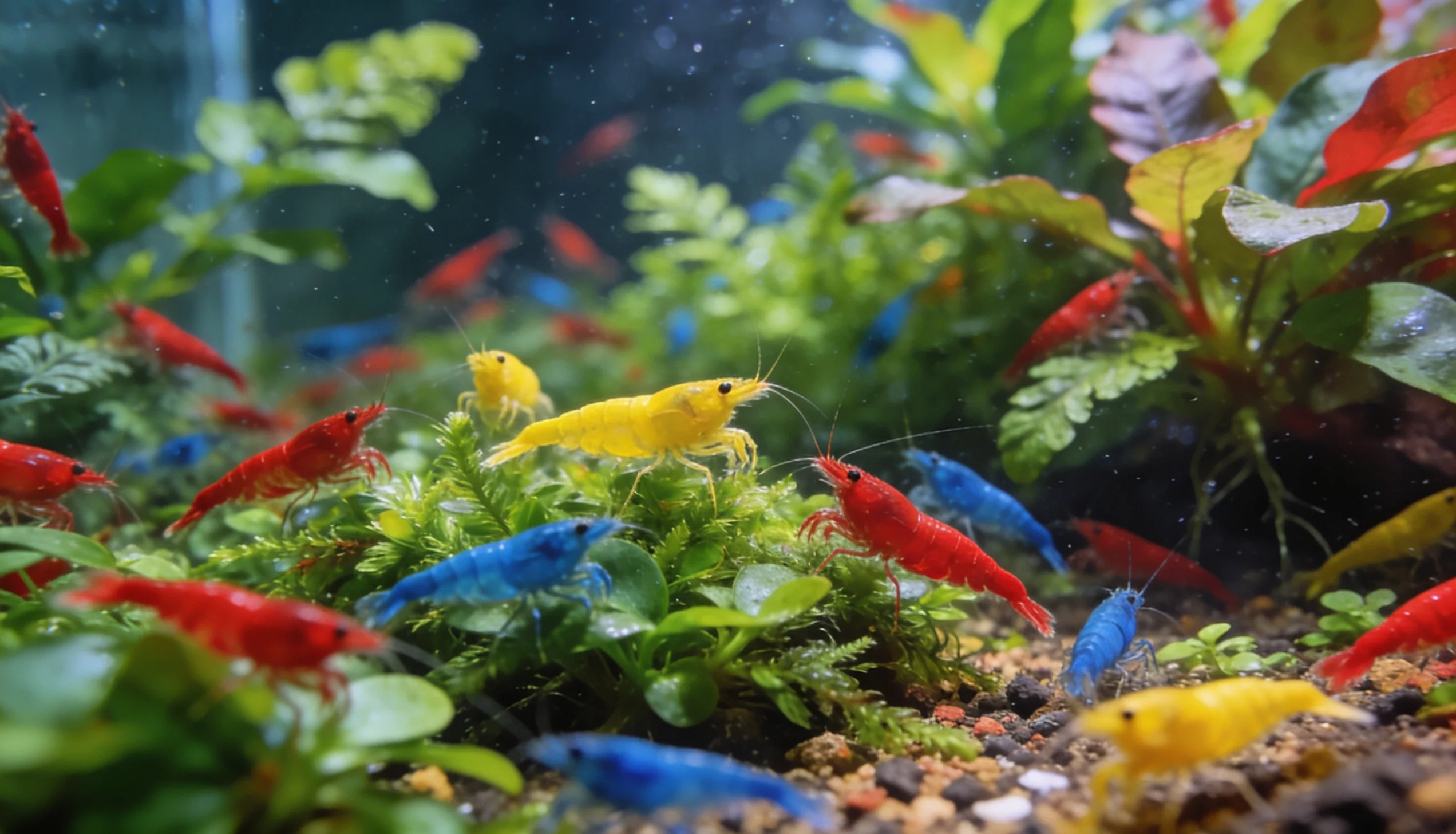 colônia densa de camarões neocaridina em aquário nano