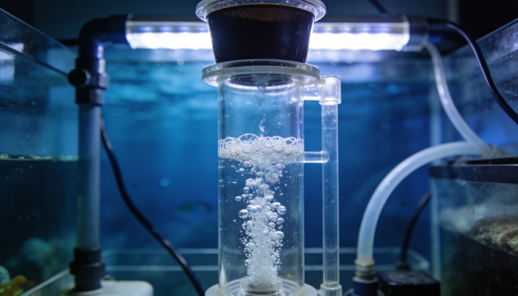 skimmer de proteínas em funcionamento em aquário marinho