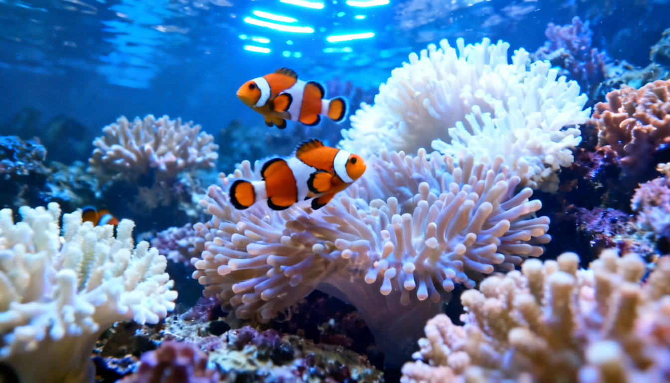 aquário marinho com corais e água cristalina