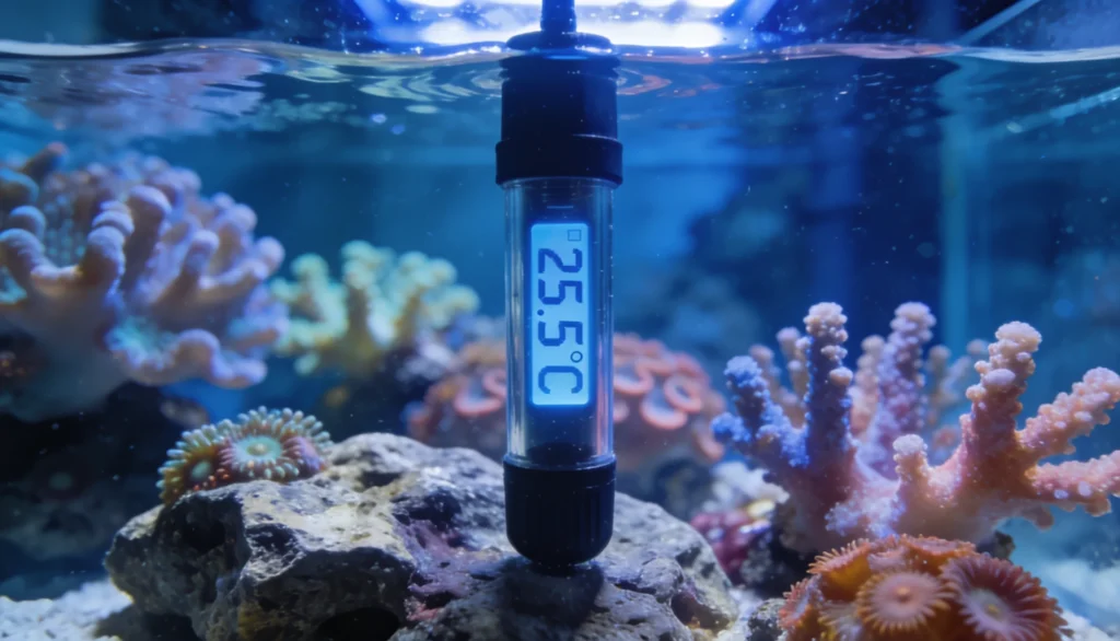 termômetro digital em aquário marinho com corais