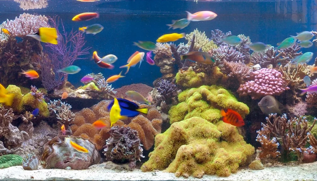 aquário marinho de recife com peixes e corais em água salgada
