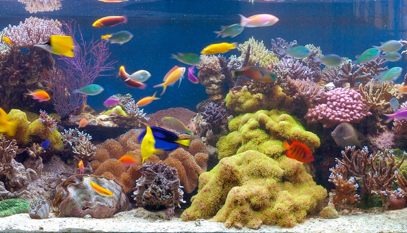 aquário marinho de recife com peixes e corais em água salgada