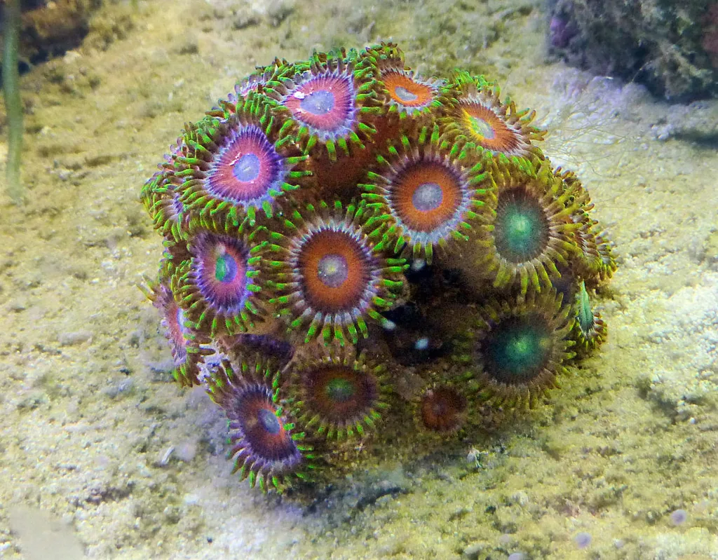 colônia de coral zoanthus colorido em aquário marinho de recife