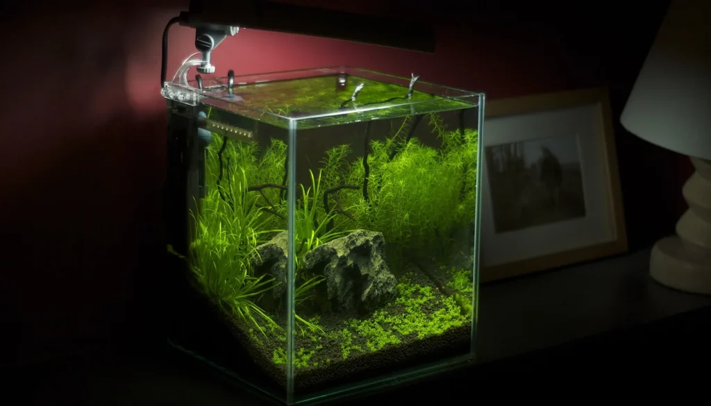 Aquario nano plantado de cerca de 20 litros com plantas, rocha e iluminacao LED sobre um movel