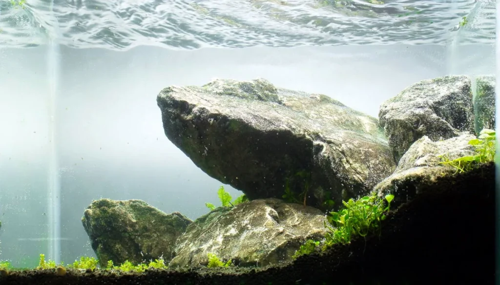 aquario nano plantado com rochas e carpete tipo iwagumi