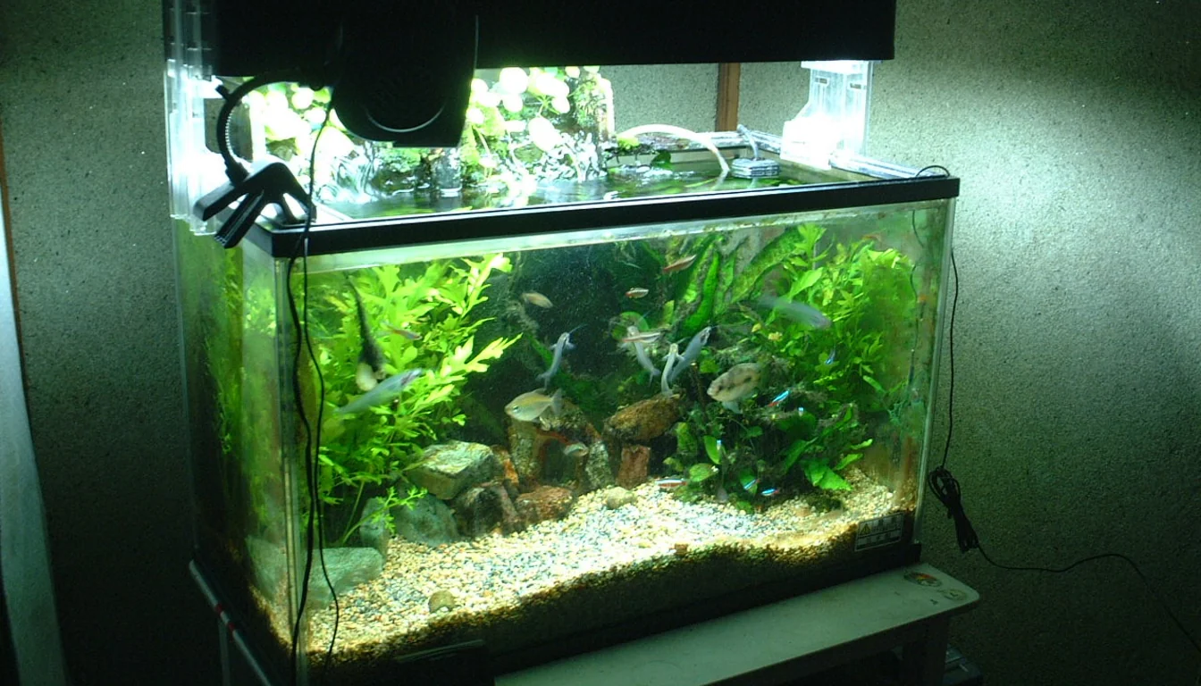Aquário de água doce recém-montado com plantas e peixes