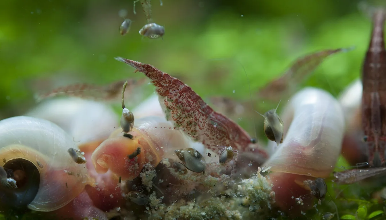 Camarões Neocaridina Red Cherry vermelhos em aquário com musgo