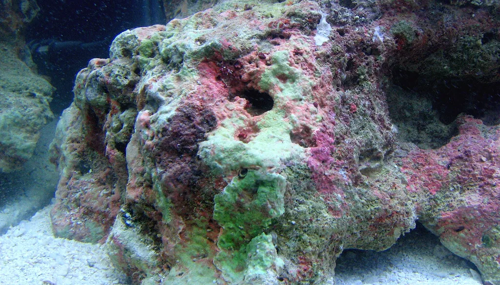 Rocha viva marinha coberta de algas coralinas rosa e roxa dentro de aquário salgado
