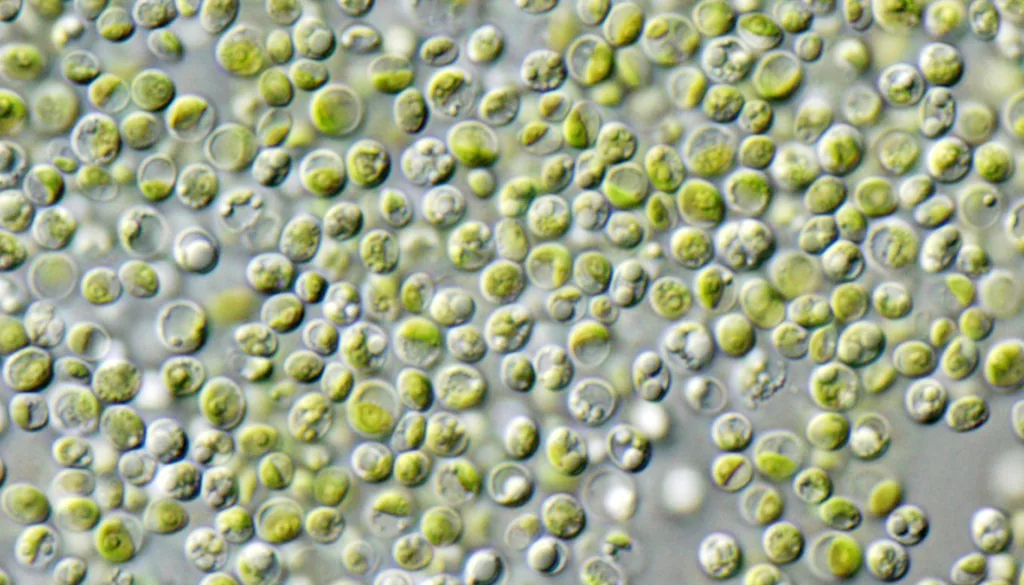 Algas verdes unicelulares vistas ao microscópio, o fitoplâncton que deixa a água do aquário verde