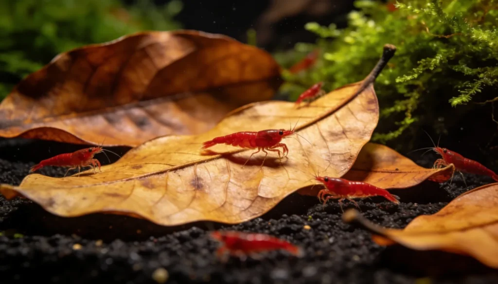 folha de amendoeira no aquário com camarões red cherry pastando