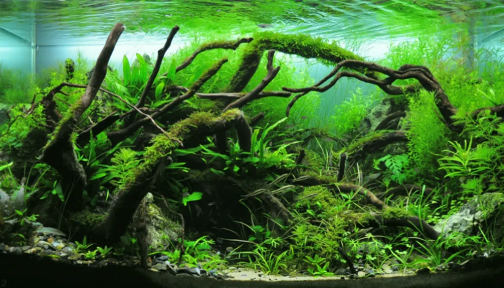 aquario plantado bem montado sobre movel em casa