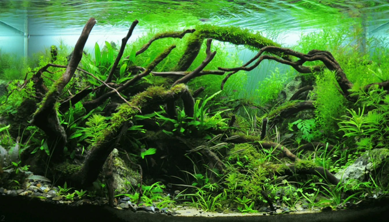 aquario plantado bem montado sobre movel em casa