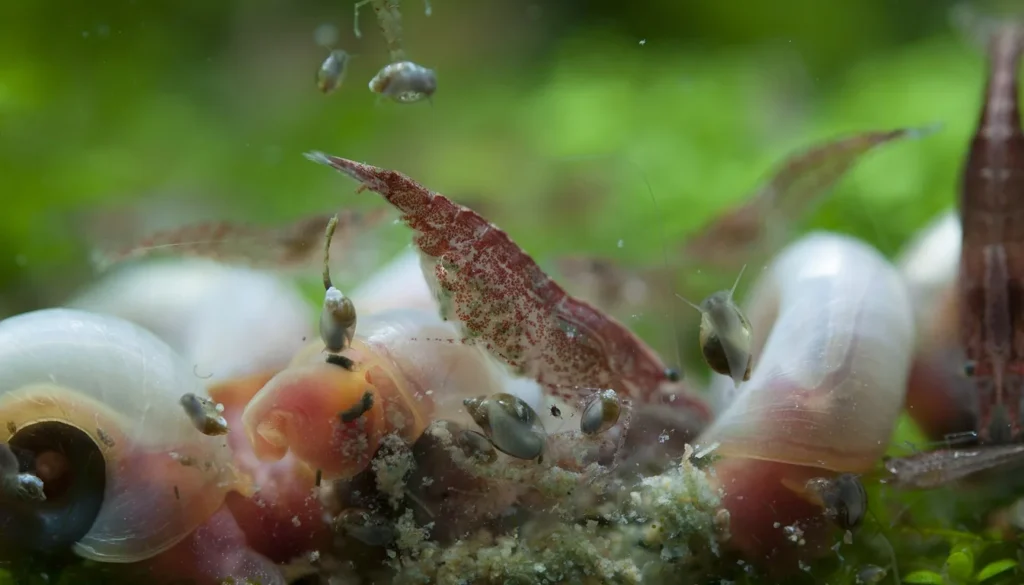 colônia de camarões neocaridina red cherry se alimentando no aquário plantado
