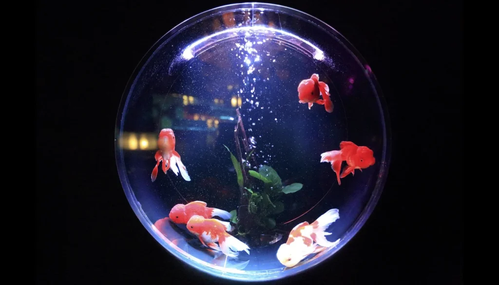 Peixinhos dourados em aquario redondo de vidro tipo bola iluminado
