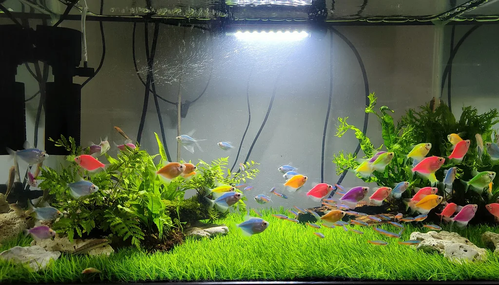Aquário retangular montado com filtro, iluminação LED e cardume de peixes