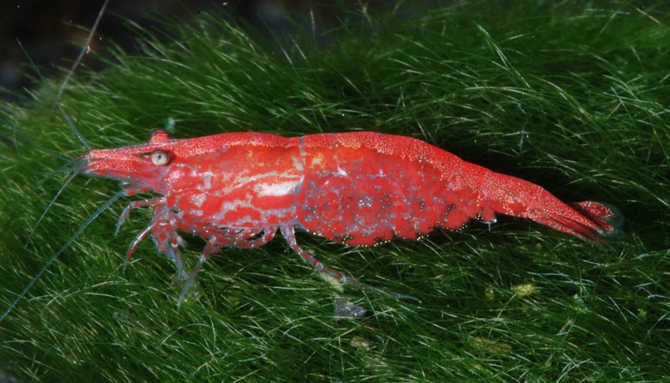 Camarão Neocaridina davidi red cherry de vermelho intenso sobre musgo verde escuro em aquário