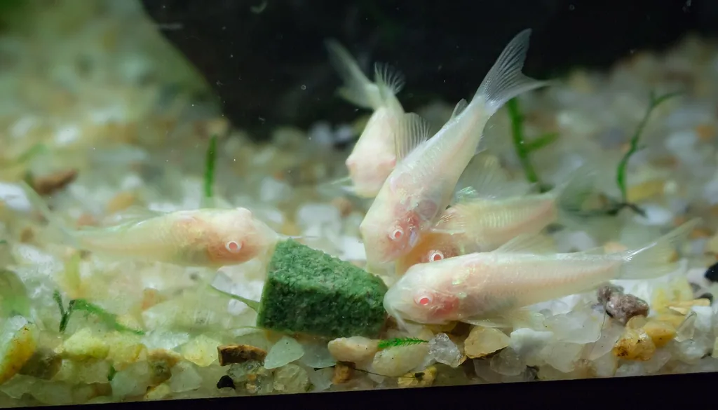 Grupo de corydoras albinas forrageando juntas no fundo do aquário