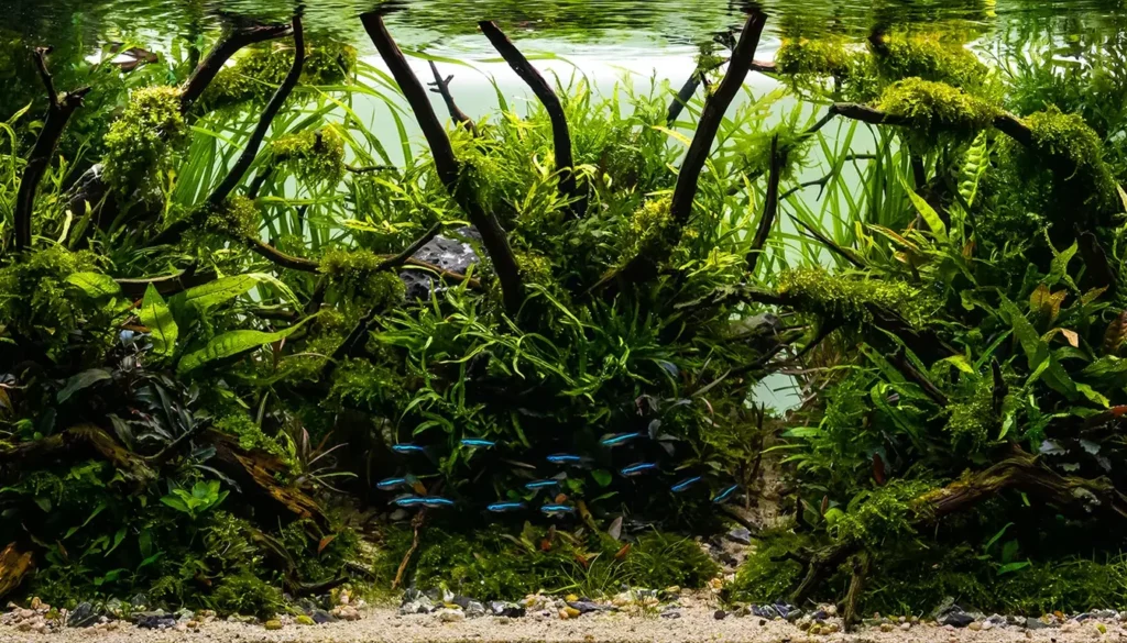 Aquário plantado com layout de rochas e tronco natural