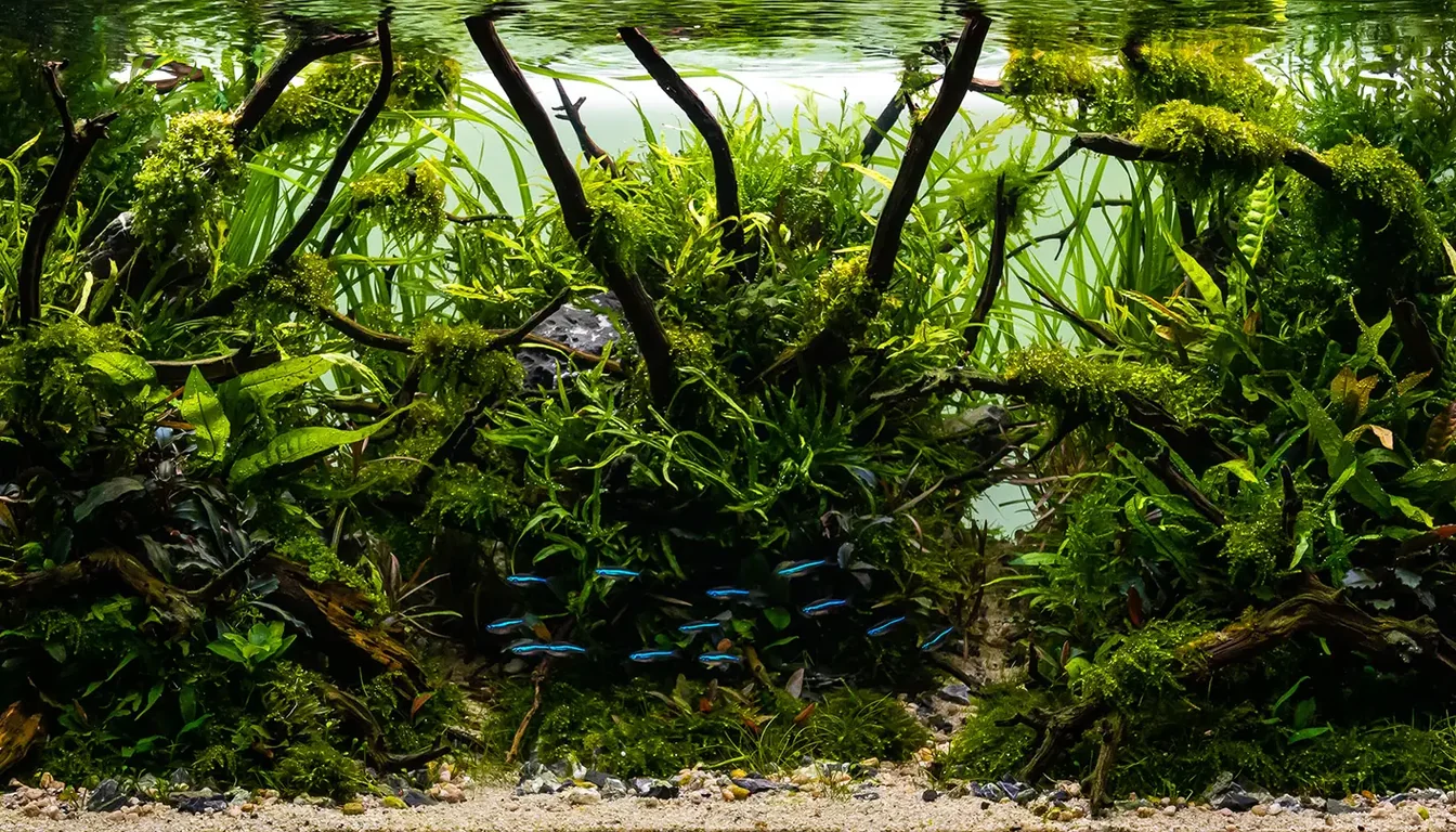 Aquário plantado com layout de rochas e tronco natural