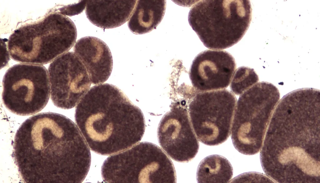 Detalhe do parasita Ichthyophthirius multifiliis visto ao microscópio