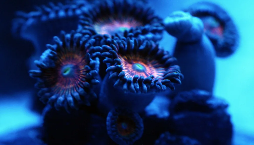 Corais zoanthus sob iluminação azul de aquário de recife
