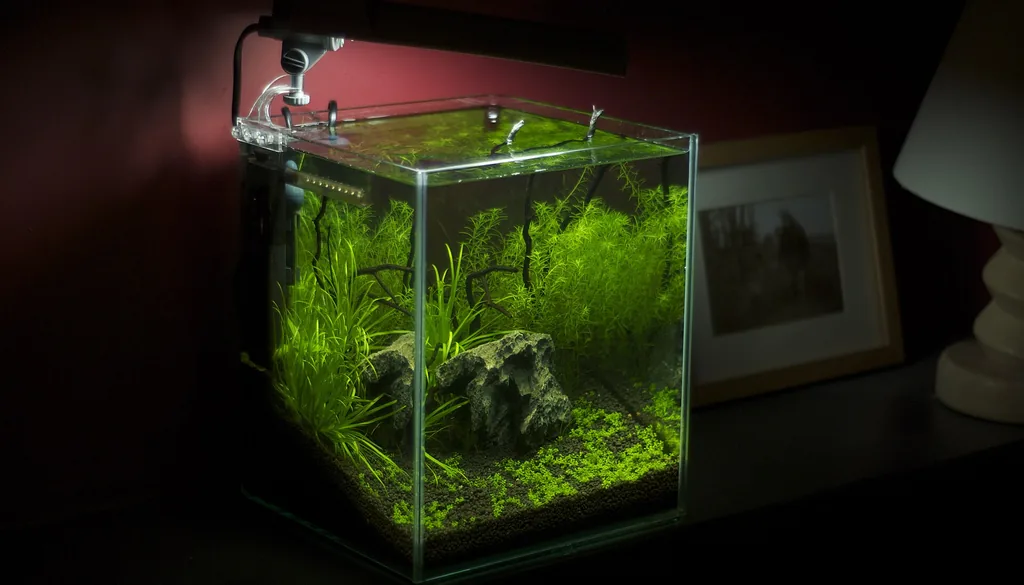 Aquário de água doce plantado com bastante espaço livre para os peixes