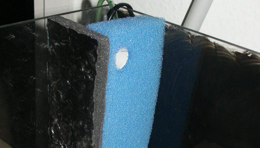 Filtro de esponja instalado dentro de um aquário de vidro