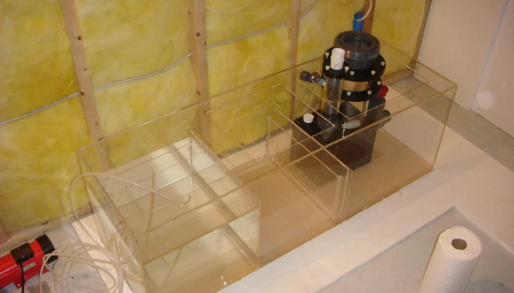 Sump de acrílico com divisórias e skimmer instalado durante a montagem